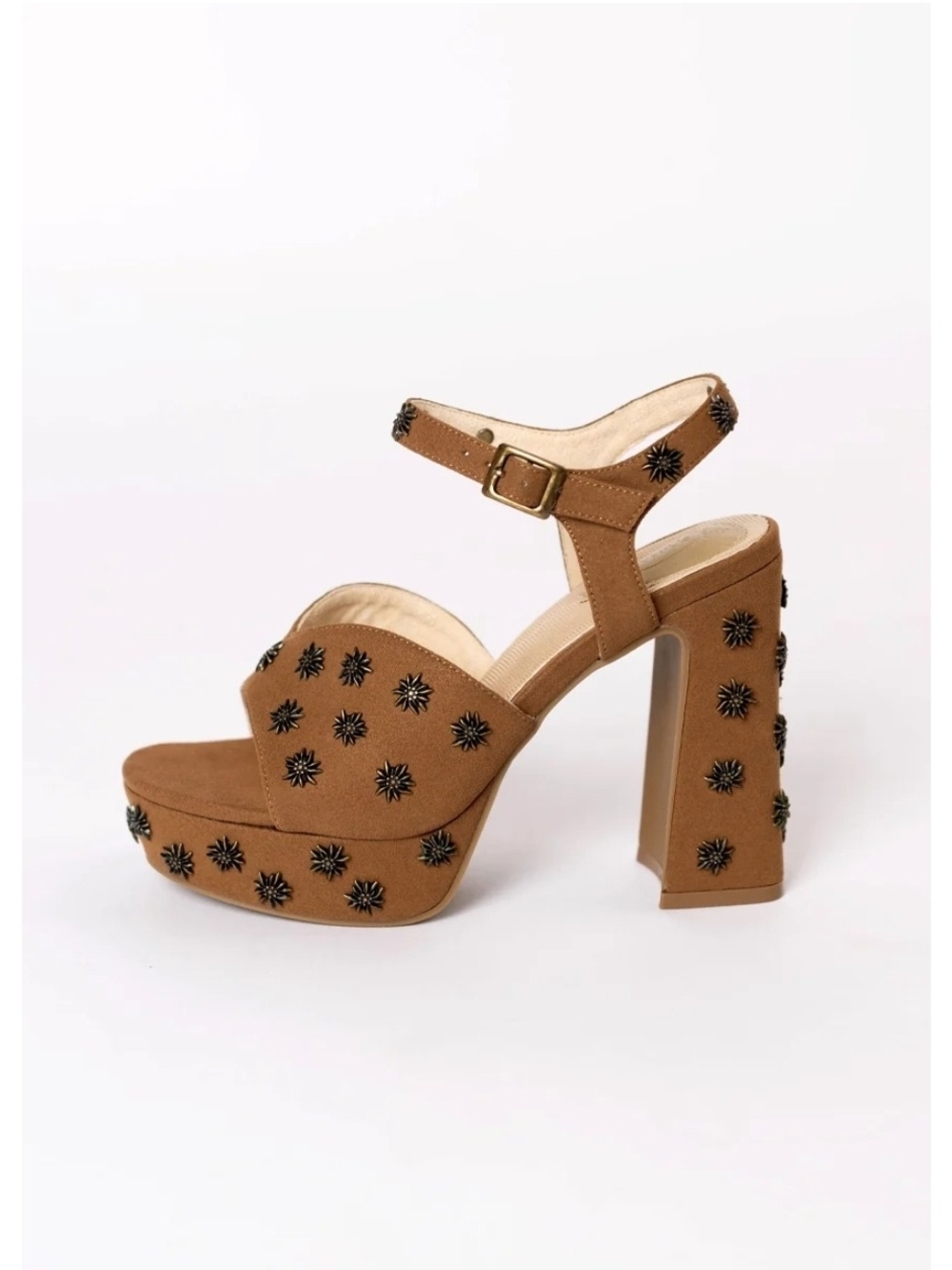 Joyfolie Tan Suede Platform Sandal with Black Stud Embellishments